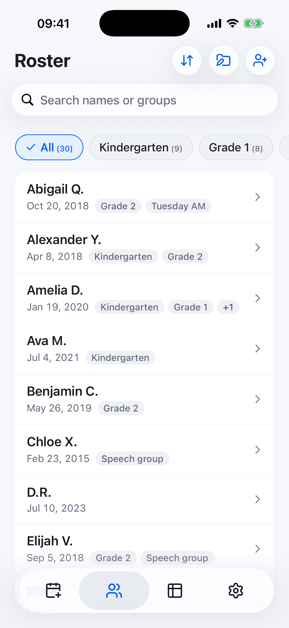 AgeVault roster of children saved by name or initials, with birth dates, group tags and group filter chips