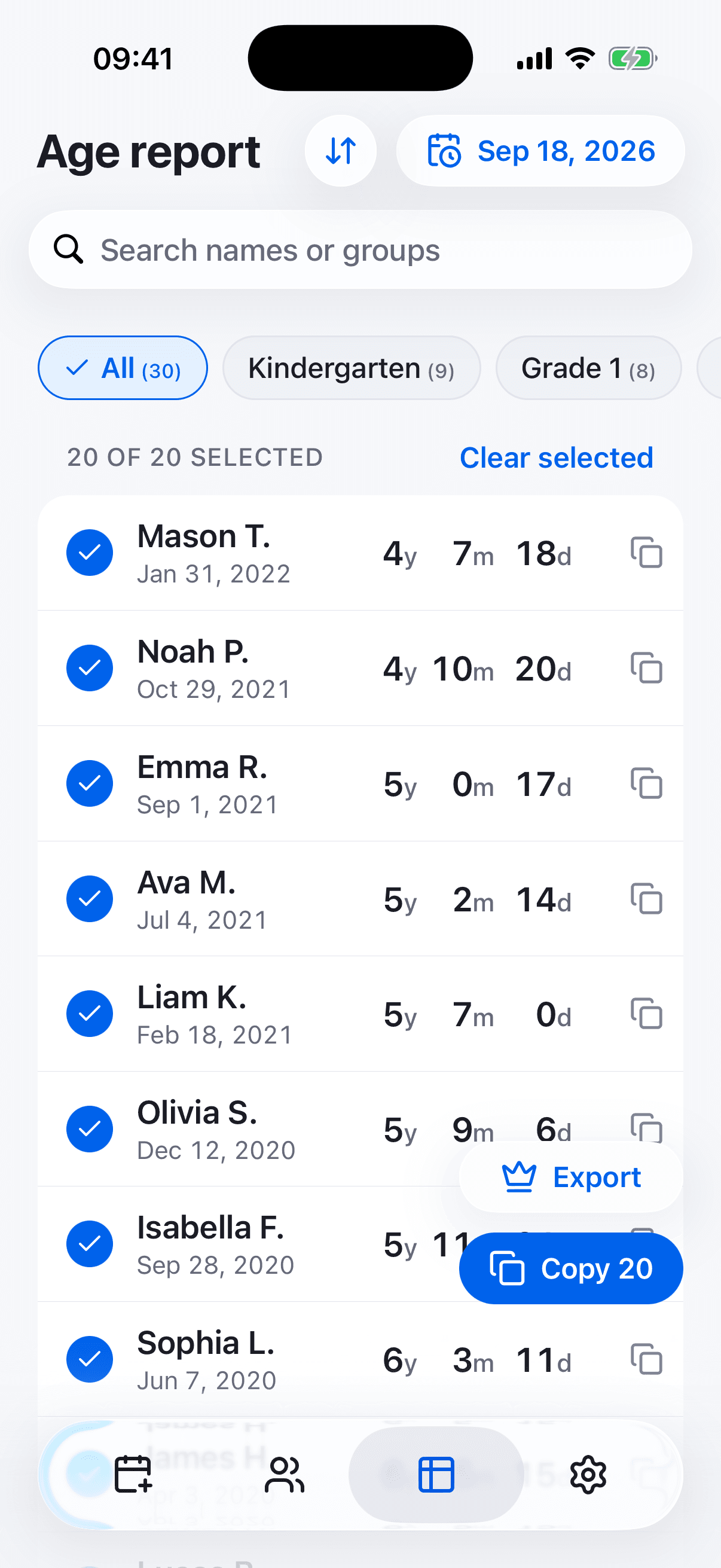 AgeVault age report listing every selected child's age on one report date, with copy and export actions