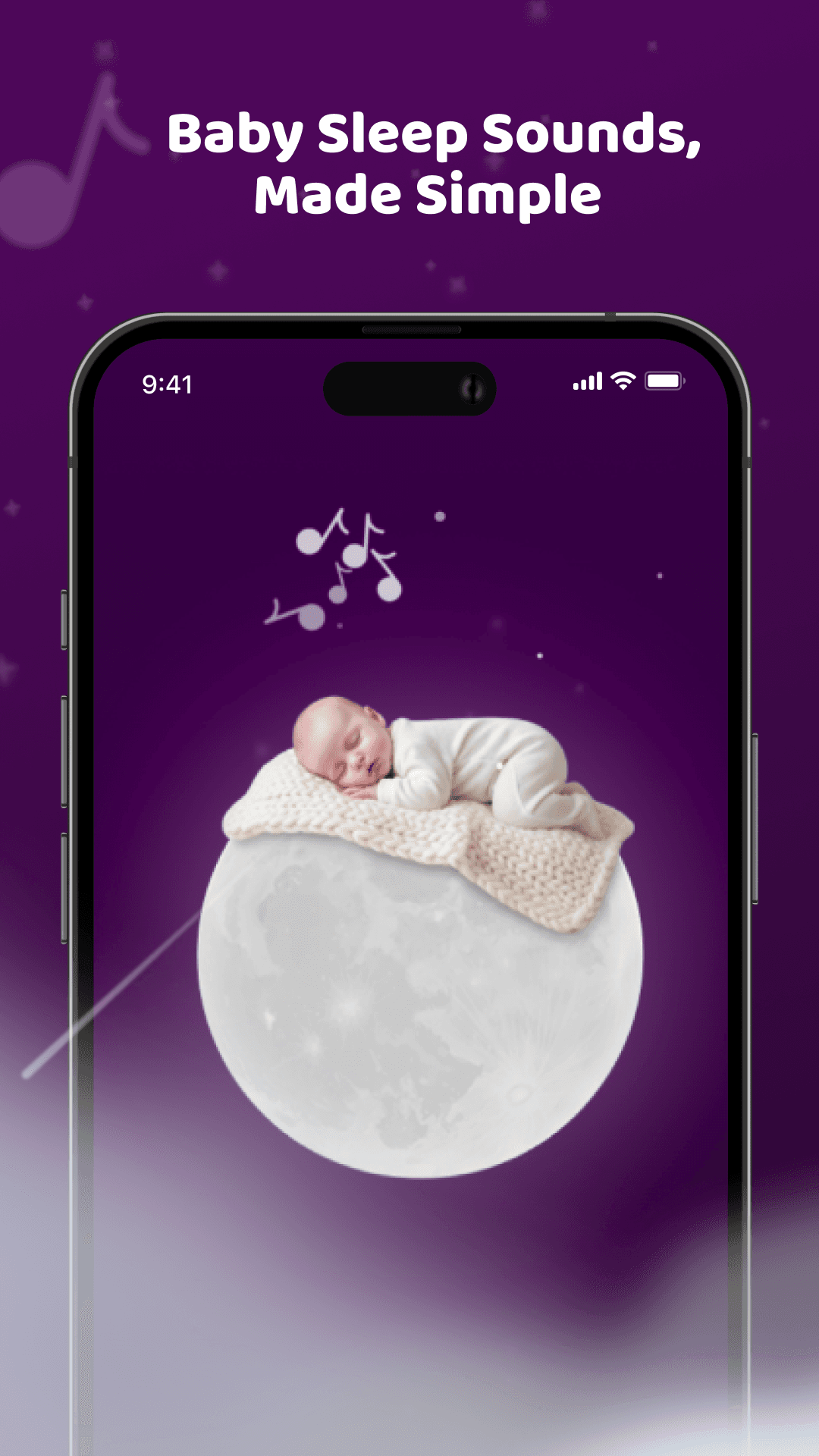 SleepyBean home screen with a baby asleep on the moon, captioned baby sleep sounds made simple
