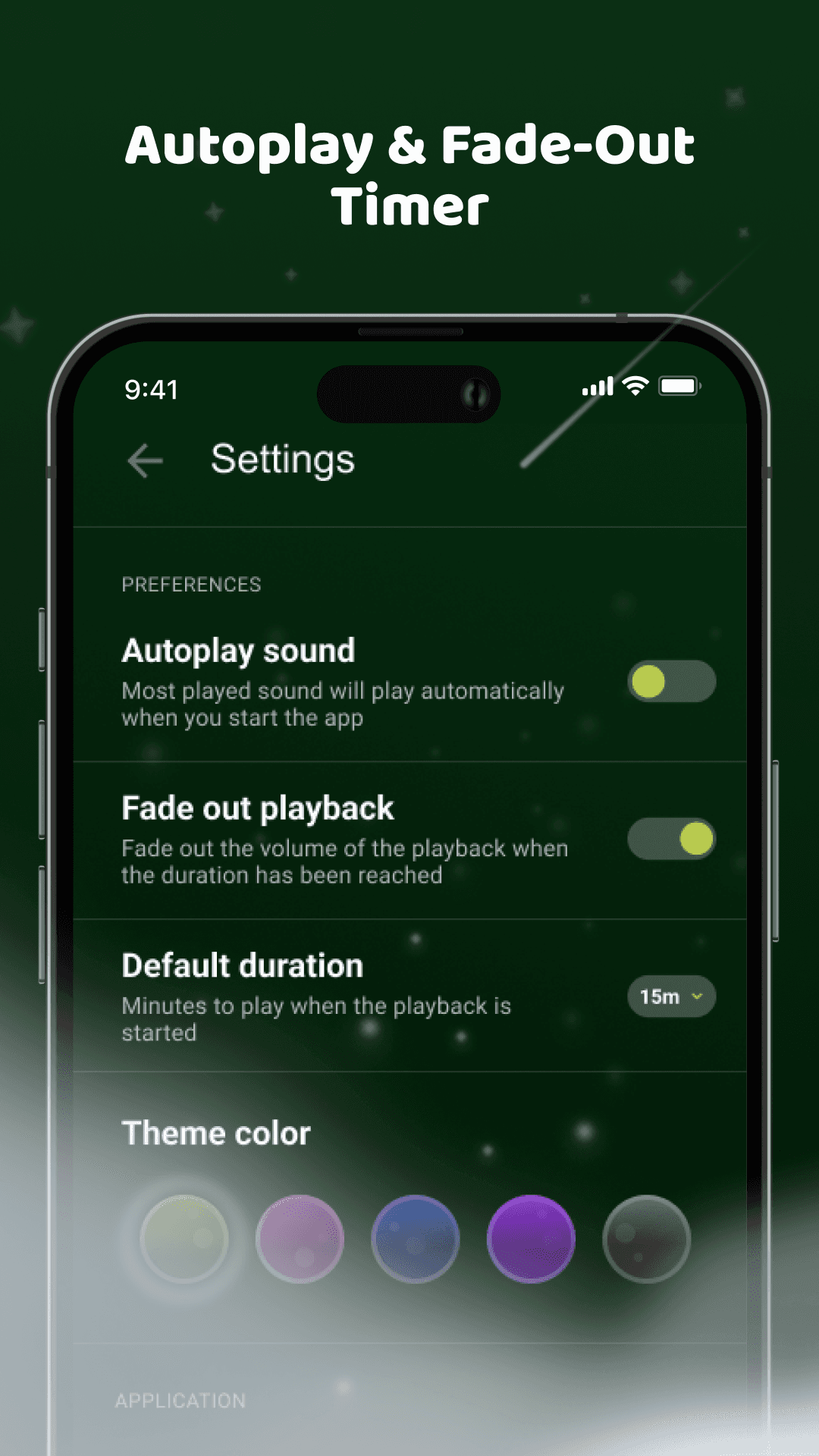 SleepyBean settings screen with autoplay, fade-out playback, default duration and theme colour